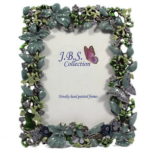 Bejeweled butterfly in garden photo frame, enamel painted with crystals - Picture 1 of 8