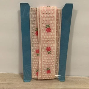 Borde de encaje rosas rosas/blancas bordadas vintage - Imagen 1 de 6