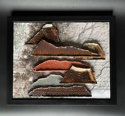 Framed Wall Pottery Art-Map used as mat-Mt Rainier-Mt Adams-Mt St Helens - Image 1 of 3
