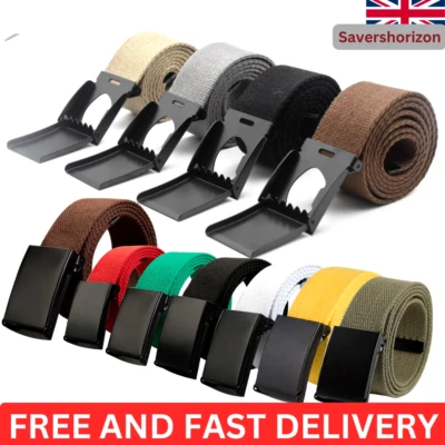 Men Women Unisex Cotton Canvas Fabric Webbing Black Buckle Belt Army - Image 1 of 4