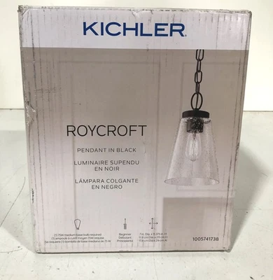 Kichler Roycroft 7 in. 1-Light Black Pendant Light Clear Seeded Glass - Image 1 of 3