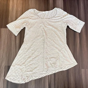 Locker geschnittenes Damen Top weiß grau gestreift Gr. M asymmetrischer Saum Lagenlook - Bild 1 von 9