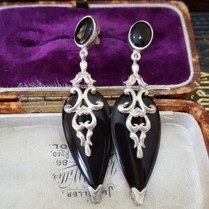 Orecchini vintage in argento sterling 925, pendente in onice nera naturale, design art deco - Foto 1 di 7
