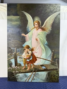 Ángel de la guarda vigilando a los niños en el puente pintura al óleo sobre lienzo 24x36 1 - Imagen 1 de 6