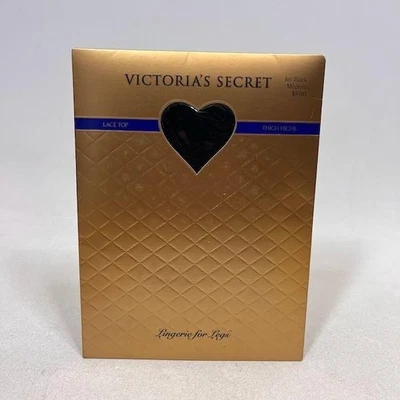 Medias medias Victoria's Secret hasta el muslo para mujer medianas negras azabache de encaje Foto 1 de 4