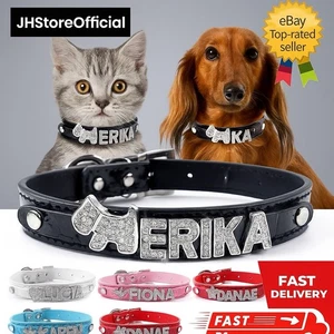 Collare personalizzato cane gatto animale domestico NOME pelle PU strass diamante - Foto 1 di 14