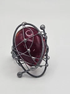 Vintage Artisan Modernist Brutalist Silver Tone Red Glass Chunky Ring Size 8 - Picture 1 of 13