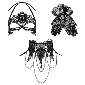 Masquerade Costume Set for Women Lace Mask Gloves Gothic Choker Necklace Cosplay - Picture 1 of 6