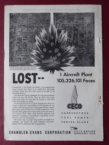 6/1945 PUB CHANDLER EVANS CECO CARBURETOR BOEING B-29 NAKAJIMA AIRCRAFT PLANT AD - Picture 1 of 2
