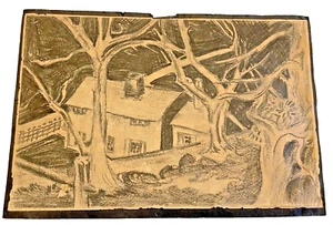 Child Drawing Age 11 Years 6th Grade Lincoln School House Trees Artwork Vtg 1942 - Picture 1 of 4