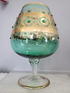 LARGE Vintage Jeweled Empoli Brandy Snifter Vase Gold Green Gilded Bohemian - Picture 1 of 8