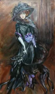 oil painting on canvas of lady in black dress wearing hat with a greyhound dog. - Picture 1 of 11