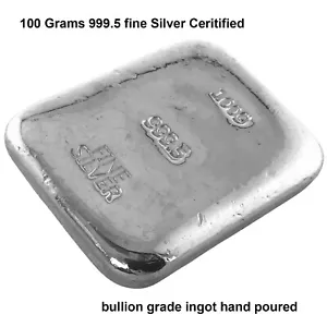 Silver Ingot 100 grams 999.5 Fine Certified Bullion Grade Bar Hand Poured - Picture 1 of 3