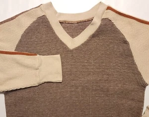 Vintage 1970-80s Brown Beige Colorblock Striped Sleeves Youth Medium Thermal - Picture 1 of 2
