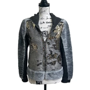 Me and Dee graue Hoodie Jacke Reißverschluss Gold Pailletten Made In Italy Artsy Gr. S - Bild 1 von 7