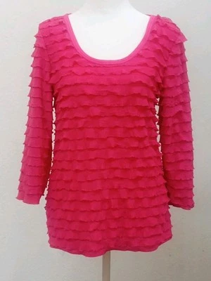Slinky Brand Women’s Size Small  Fuchsia Ruffle Top 3/4 Sleeve Scoop Neck HSN Foto 1 de 4