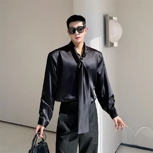 Camisa de corbata estilo francés de verano para hombre manga larga sedosa informal fiesta camisas coreanas - Imagen 1 de 10