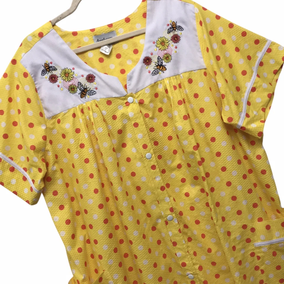 VTG Anthony Richards Embroidered Bumblebee House Dress Muumuu Yellow Dot Sz 2X - Image 1 of 4