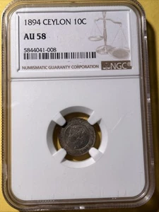 1894 Ceylon 10 Cents NGC AU58  - Picture 1 of 2
