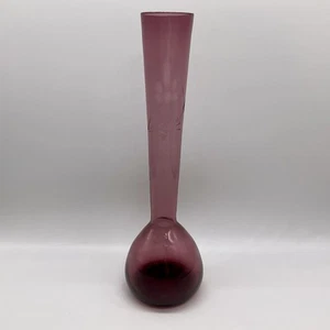 Vintage Amethyst Purple Hand Blown Glass Stem Flower Vase With Etched Design - Picture 1 of 9