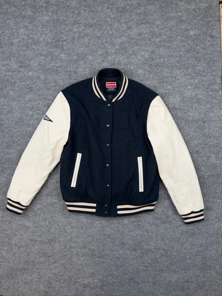 SuperDry Bomber куртка женщин США 8 темно-белый Varsity кнопка вверх пальто Великобритании 12 EU 40 - Изображение 1 из 4