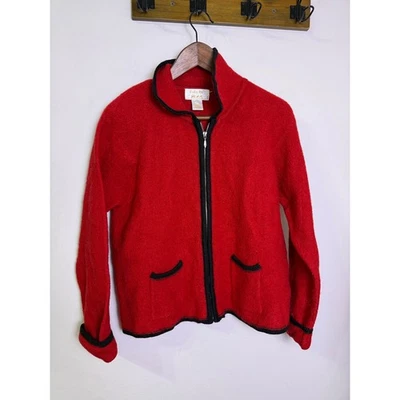 Cardigã suéter feminino vintage Tally-Ho 100% lã com zíper acabamento vermelho preto G - Imagem 1 de 4