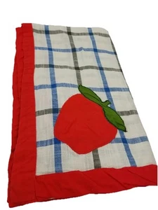 Vintage Homemade Apple Tablecloth Appliqué Checkered Red White Blue 68” X 40” - Picture 1 of 5