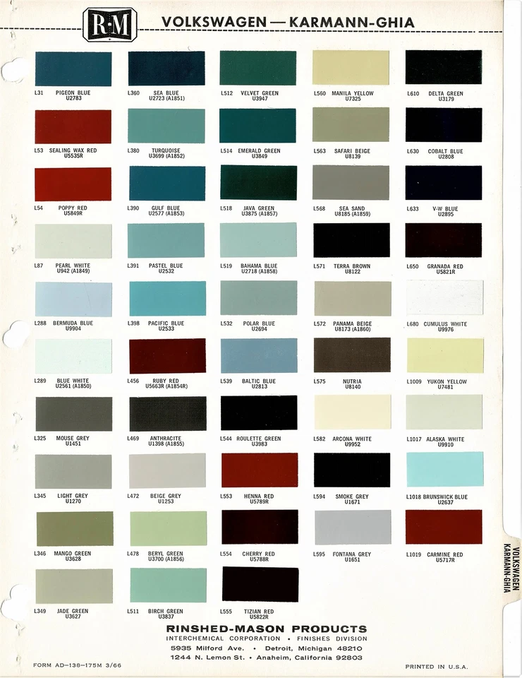 Volkswagen Beetle Karmann Ghia Bus 1962-1966 astillas de pintura astillas de pintura (R-M) Foto 1 de 1