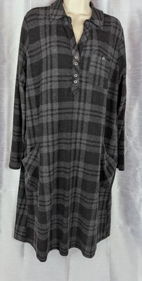 SOFT SURROUNDINGS Black/ Gray Plaid Night Gown/  Shirt  Pockets Button  LG - Image 1 of 4