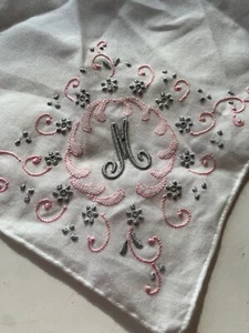 Vtg Bordado Da Madeira Wht Pink Gray Hand Embroidered Initial M Handkerchief NWT - Picture 1 of 9