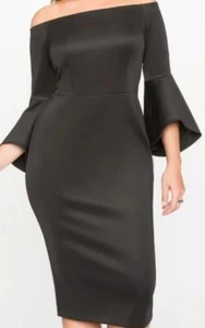 ELOQUII Dress Women's Sz 22 Black Midi Cold Shoulder 3/4 Ruffle Bell Sleeves - Picture 1 of 13