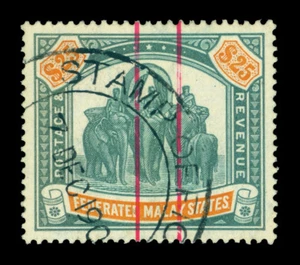 MALAYA MALAYSIA 1909 ELEPHANT $25 dark green WMK MULTI CROWN CA USED STAMP      - Picture 1 of 2