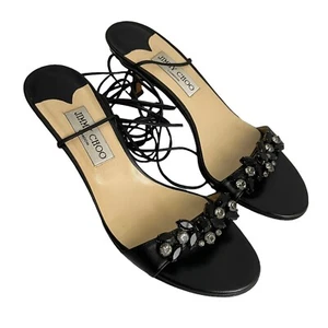 Jimmy Choo Crystal Rhinestones Heels Sandal Size 38.5 Black Lace Up Ankle Straps - Picture 1 of 4