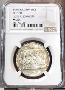 1948 BELGIUM SILVER 100 FRANCS CROWNED KINGS FRENCH NGC MS 64 BEAUTIFUL BU - Picture 1 of 3