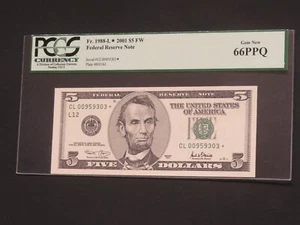 2001-$5 STAR NOTE -FEDERAL RESERVE ( SAN FRANCISCO -L ) PCGS GEM NEW 66 -PPQ - Picture 1 of 2