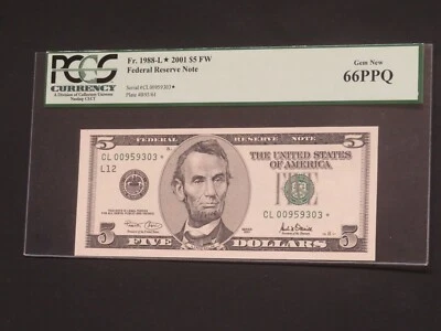 2001-$5 STAR NOTE -FEDERAL RESERVE ( SAN FRANCISCO  -L ) PCGS GEM NEW 66 -PPQ - Image 1 of 2