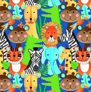 BOLT END 34 INCHES Packed Jungle Animals on Blue Comfy Cotton FLANNEL Fabric - Picture 1 of 3