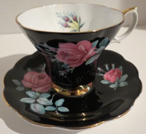 Taza de té y platillo de porcelana Royal Albert England rosas rosa taza de té negra borde dorado - Imagen 1 de 10