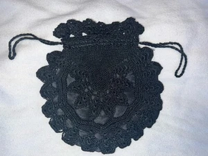 Vintage black crocheted “doily” drawstring close handbag, 7”wide X 6” deep - Picture 1 of 10