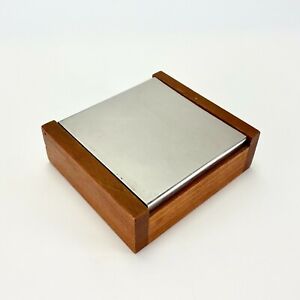 Vtg MCM Danish Design Stainless Steel Teak Trinket Box Desk Accessories Interior