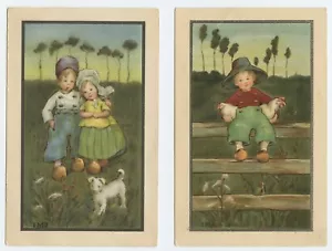 Signed IM James Dutch Children with Puppy & Chicken Set of 2 Postcards - Picture 1 of 5