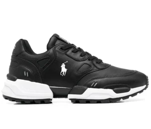 Polo Ralph Lauren Jogger Shoes Triple Black White Sneakers Leather Mens Size 12 - Picture 1 of 8