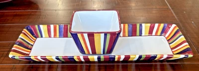 Pampered Chef Simple Additions Striped Rectangular Platter 16" x 6" & Bowl 4.5" - Image 1 of 4