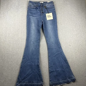 Jeans Denim Essence para mujer 9 azul medio tiro medio acampanado botón mosca desgastado - Imagen 1 de 11