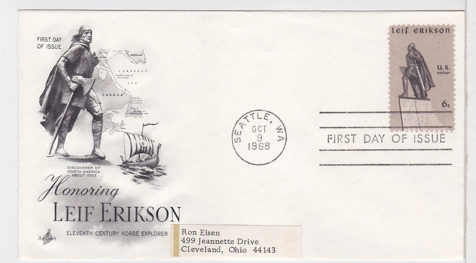 TurtlesTradingPost- Leif Erikson- Explorer 1968 #1359 FDC  Artcraft FDC - Image 1 of 1
