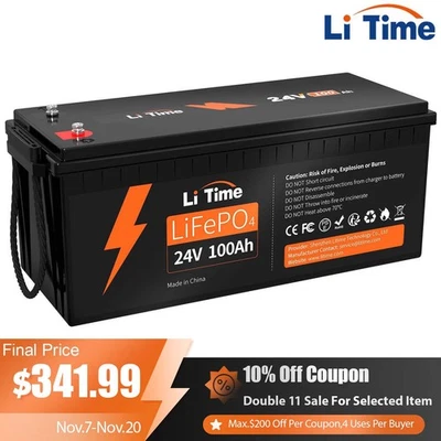 Litime 24V 100Ah LiFePO4 Lithium Battery BMS 2560Wh for Off-grid Solar Marine - Image 1 of 4