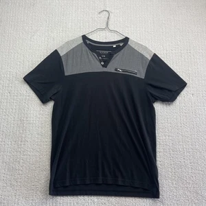 GUESS Shirt Men Large Black / Grey Zipper V-neck Short Sleeve Pullover Casual - Picture 1 of 15