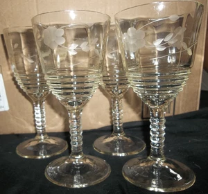 4 VTG 3005-10 LIBBEY ROCK SHARPE CLEAR FLORAL ETCHED WATER GOBLET WINE GLASSES - Picture 1 of 9