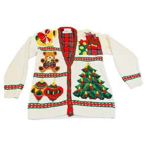 Vintage Marisa Christina Womens Christmas Cardigan Sweater 1992 Teddy Tree Sz S - Picture 1 of 22