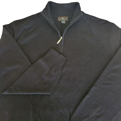 Toscano 1/4 Zip Sweater Black Merino Wool Men's LG  Golf Dad Diamond Pattern - Изображение 1 из 4